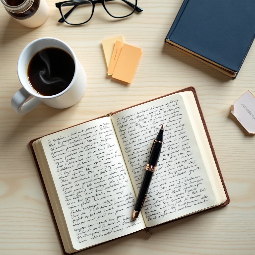 Schreibtisch mit Notizbuch und Kaffeetasse, nachdenkliche Atmosphäre