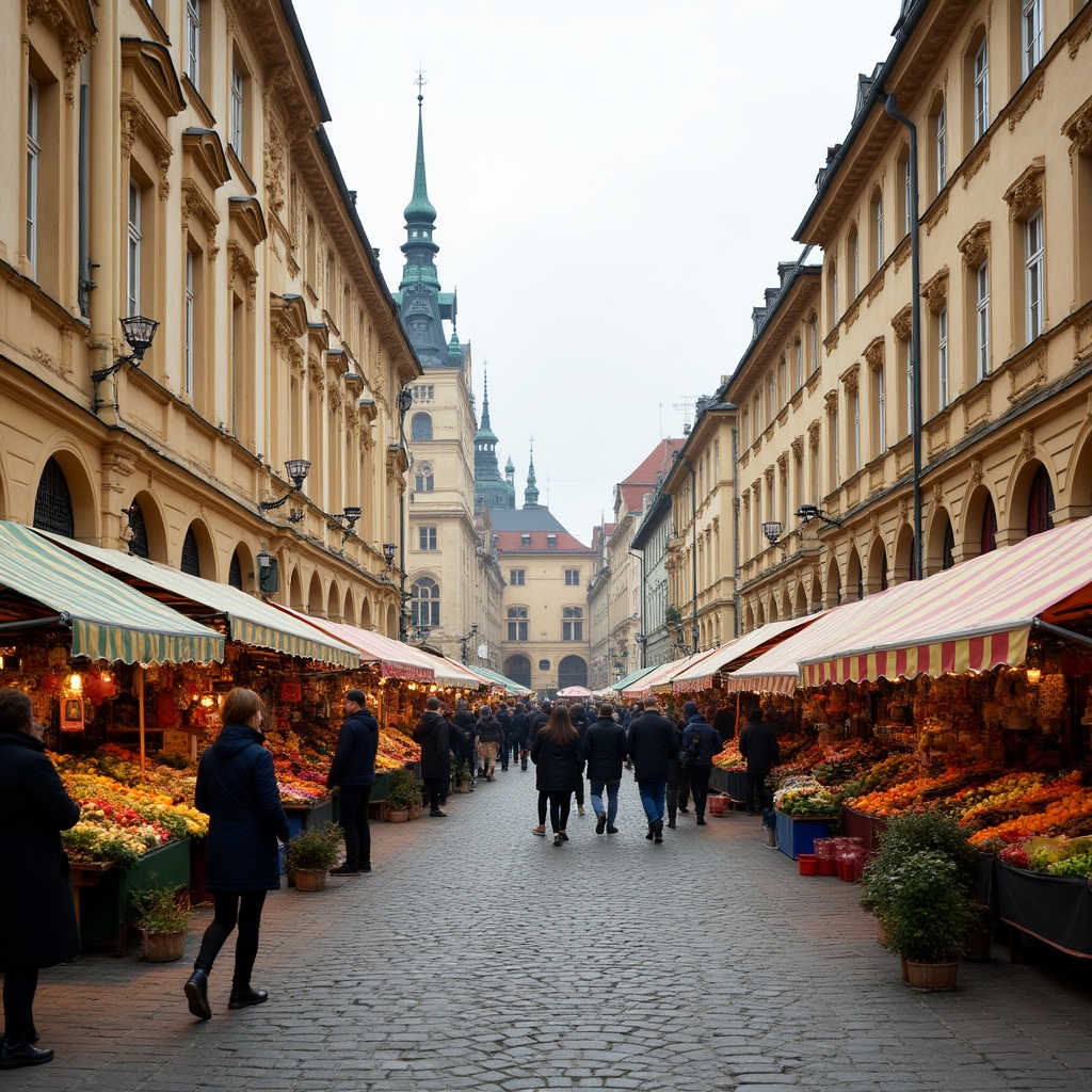 Blick auf einen Dresdner Wochenmarkt mit bunten Marktständen